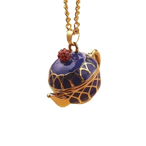 Cobalt Blue Enamel Painted Teapot Tea Pot Charm Pendant Yellow Gold-Tone - Picture 4 of 15